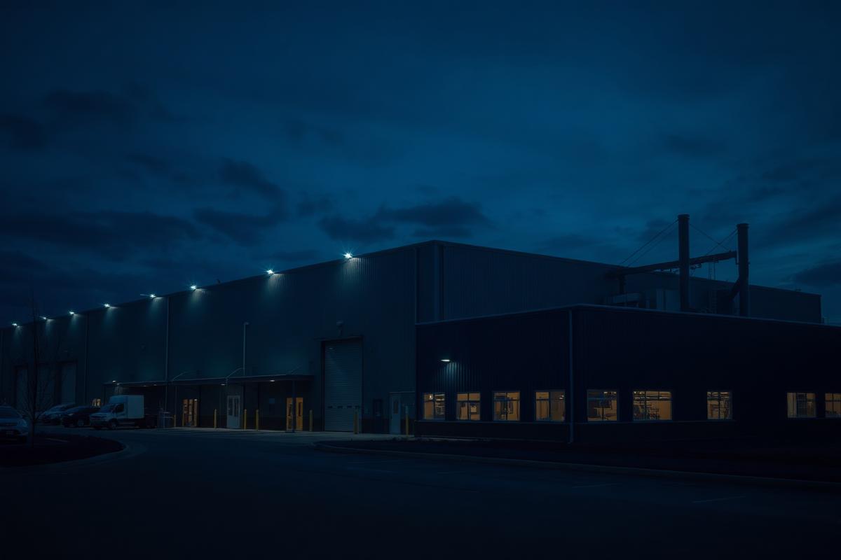 Light-industrial manufacturing facility at dusk